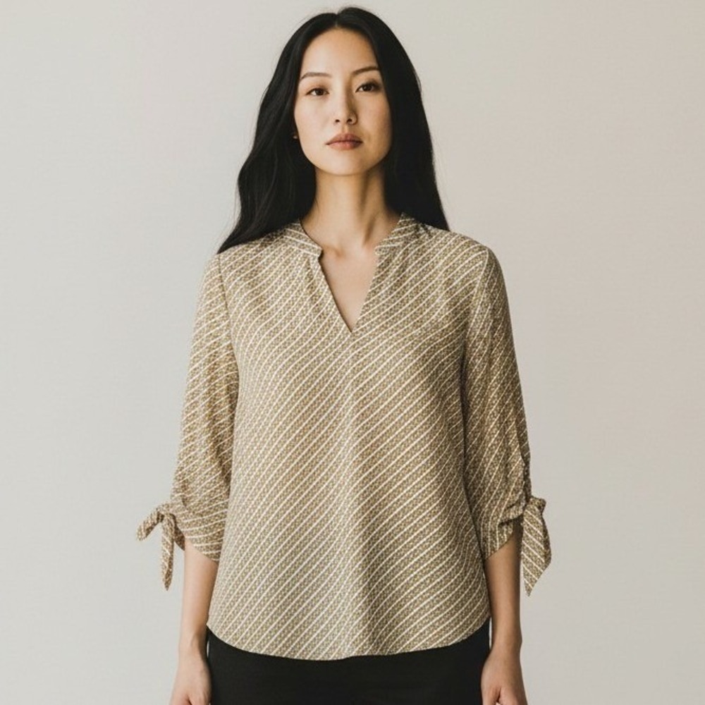 Michael Michael Kors Gold Chain Link Print Tie Sleeve Blouse Small V-Neck Top